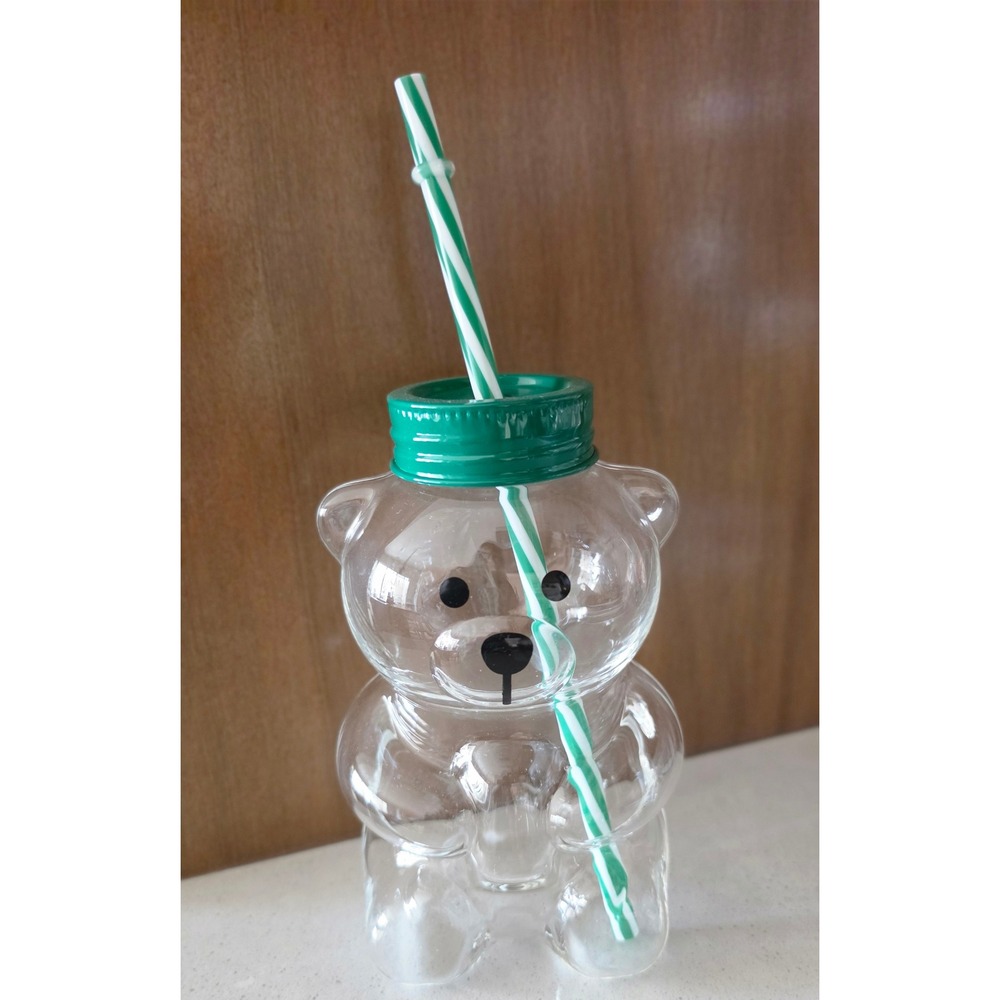 New Honey teddy Bear Shaped Clear glass Tumbler Cup Green Lid Striped Straw 6in